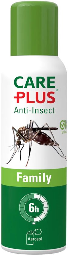 Care Plus Anti-Insect Family Aerosol, 100ml. Met afbeelding van een mug en "6h Aerosol" tekst.