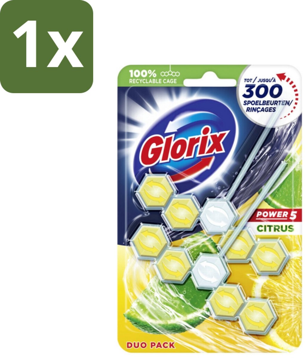 Glorix - Power 5 - Toiletblok - Citrus - Langdurige Frisheid - 2 Blokken - 1 stuk