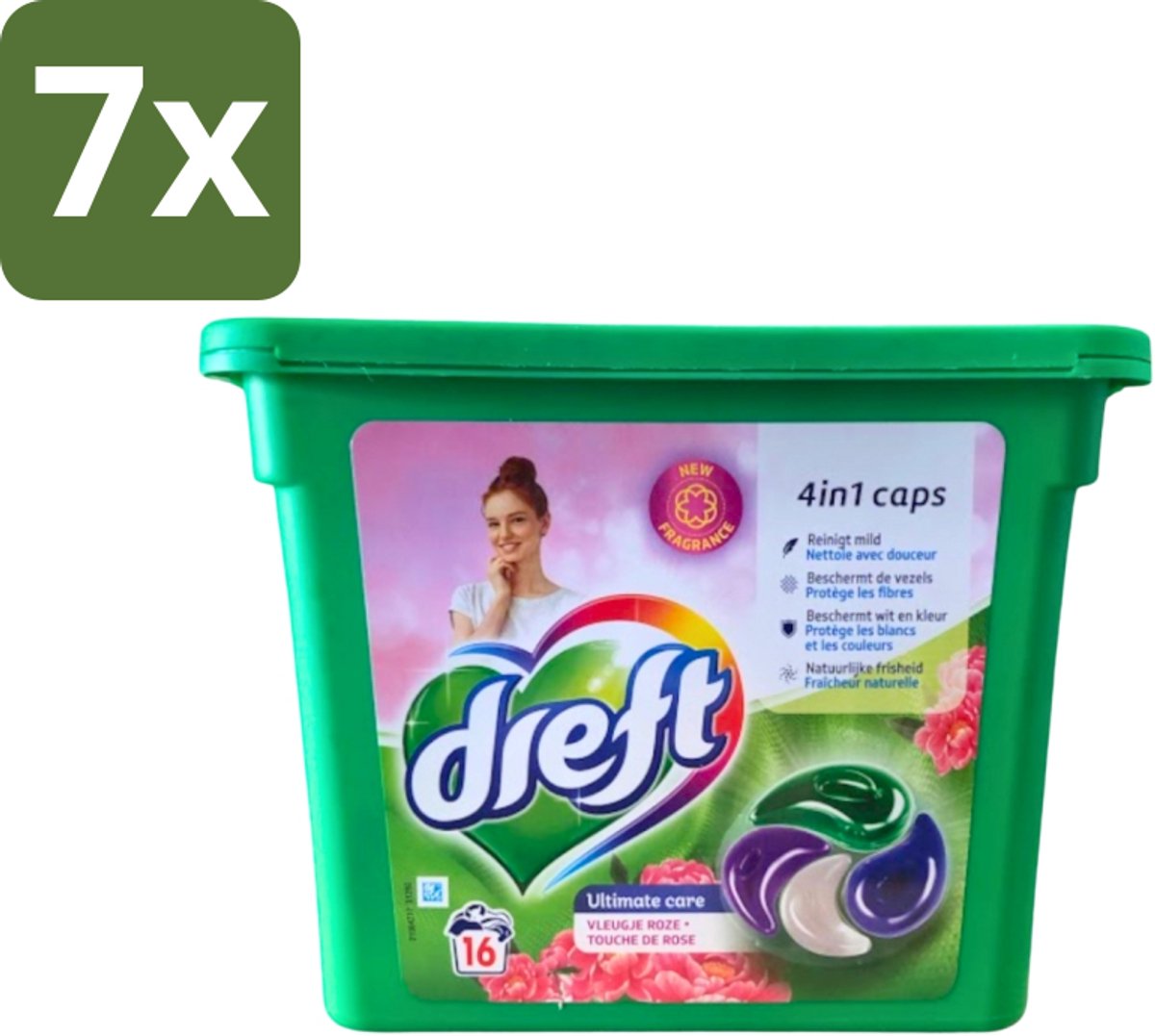 Dreft - Wasmiddelcapsules 4in1 - Witte en Gekleurde Was - Vleugje Roze - 16 Wasbeurten - Bulkverpakking - 7 stuks