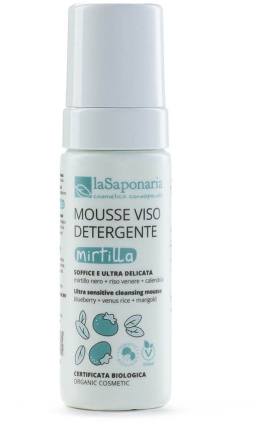 Witte fles met een blauwe en groene print van bosbessen. 'Mirtilla' staat in het groen.