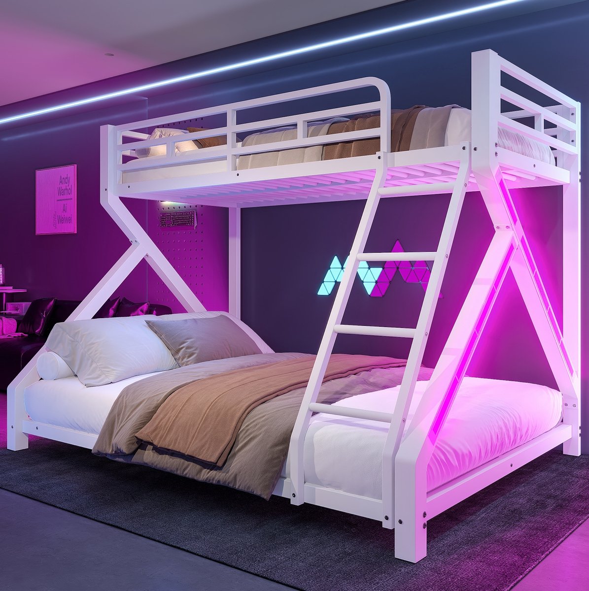 Wishdor Stapelbed 90 x 200 cm en 140 x 200 cm - Metaal met ledverlichting en veiligheidsreling - Met ladder - Wit - Voor kinderkamer slaapkamer speelkamer