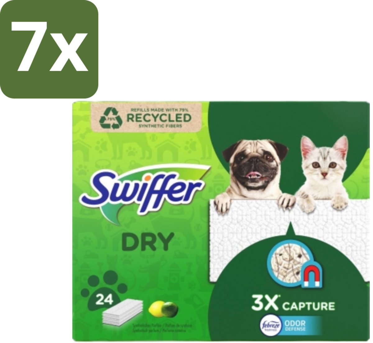 Swiffer Dry - Vloerdoekjes - Navulling - Febreze Citroengeur - 24 Doekjes - Bulkverpakking - 7 stuks