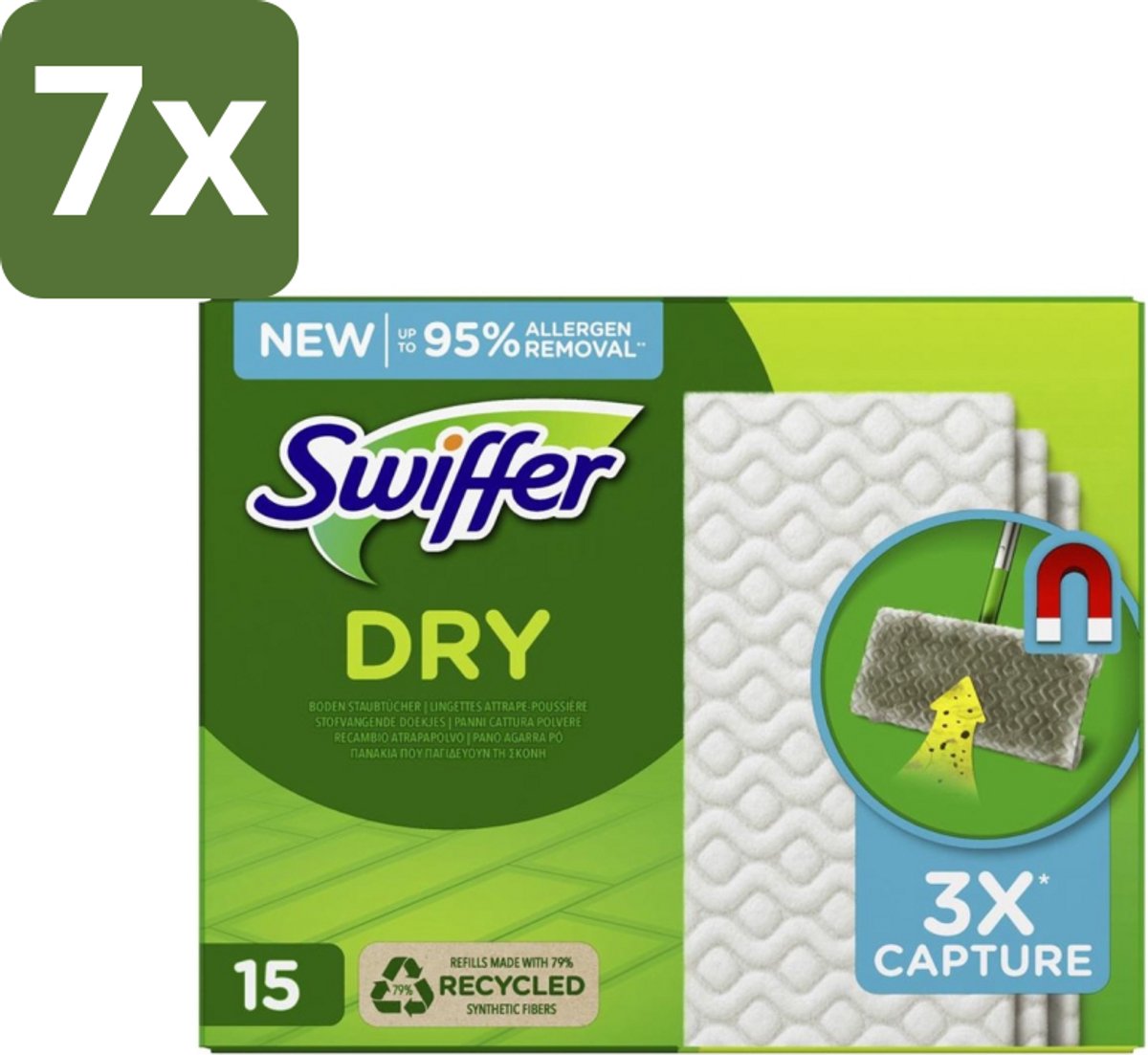 Swiffer Dry - Vloerdoekjes - Navulling - Gerecyclede Fibers - 15 Doekjes - Bulkverpakking - 7 stuks
