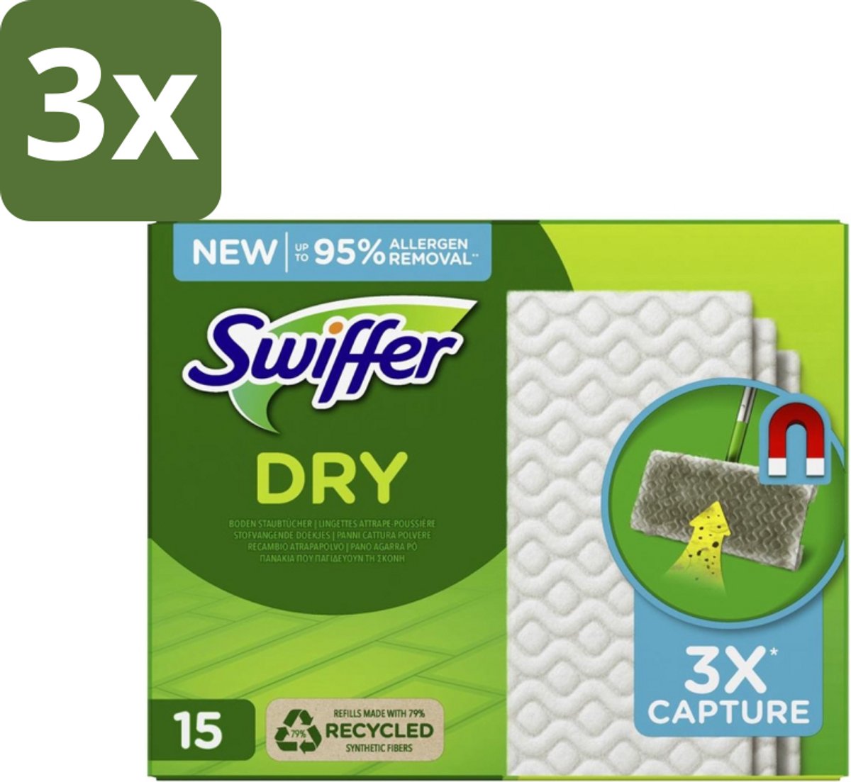Swiffer Dry - Vloerdoekjes - Navulling - Gerecyclede Fibers - 15 Doekjes - Bulkverpakking - 3 stuks