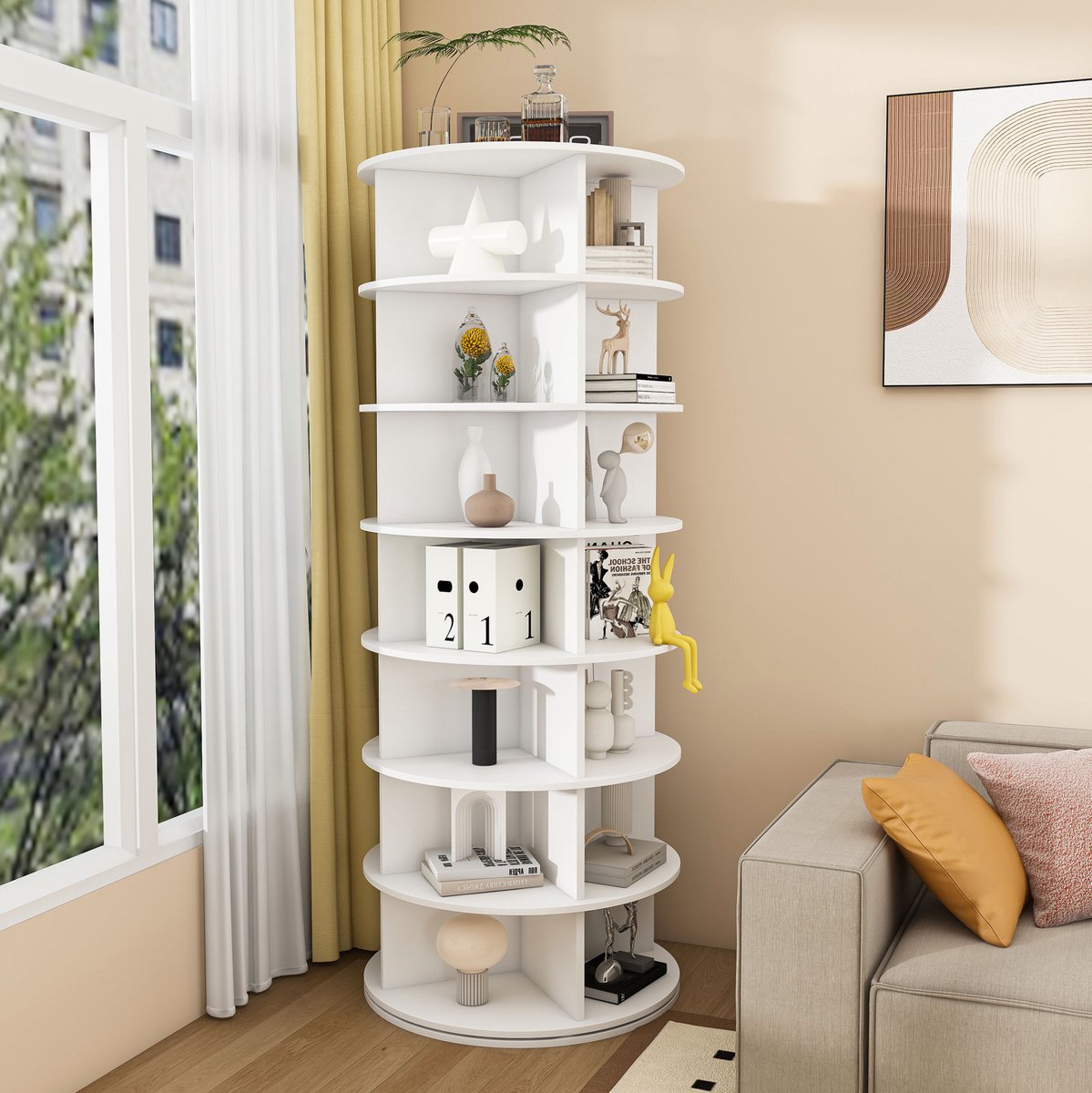Wishdor Schoenenkast - 7 lagen draaibaar, 28 paar, 360° toegang - Staand rek met open vakken en ruimte voor tassen en accessoires - Modern - Woonkamer hal - Kunststof - Wit - 60 x 60 x 161 cm