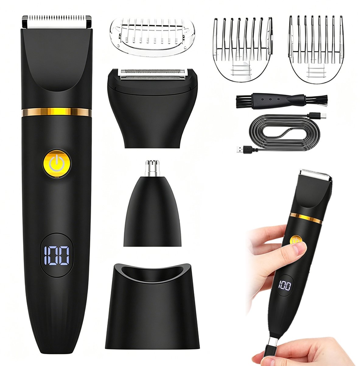 Elektrisch scheerapparaat voor mannen – Professionele baardtrimmer - Neushaartrimmer - Uitduntrimmer - Lichaamsverzorgingsapparaat - Ontharingsapparaat - Heren & Dames - Baard- & lichaamstrimmer - USB-oplaadkabel - Zwart