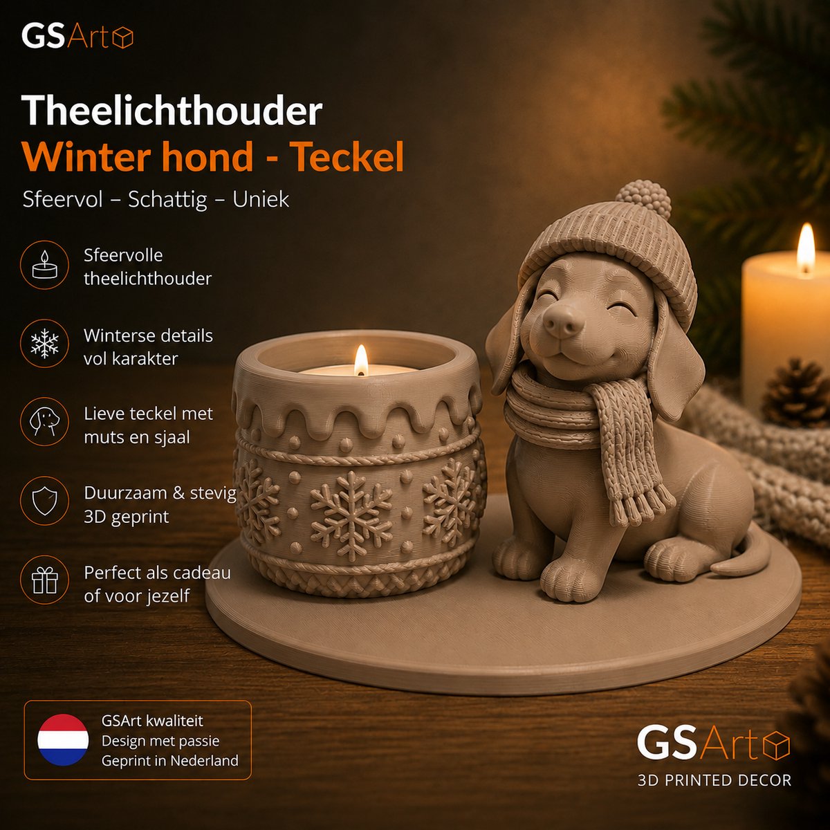 GSArt Theelichthouder Winter Hond Teckel – Winterdecoratie met LED-licht - Mat Latte bruin