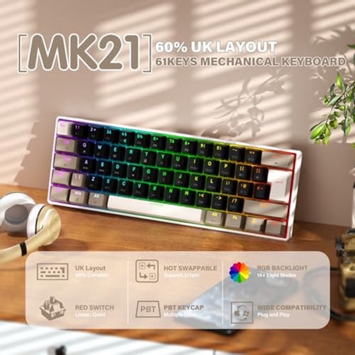 Compact Mechanisch Gamingtoetsenbord - 60% UK-Layout, 61 Toetsen, RGB Verlichting, Hot-Swap Functionaliteit