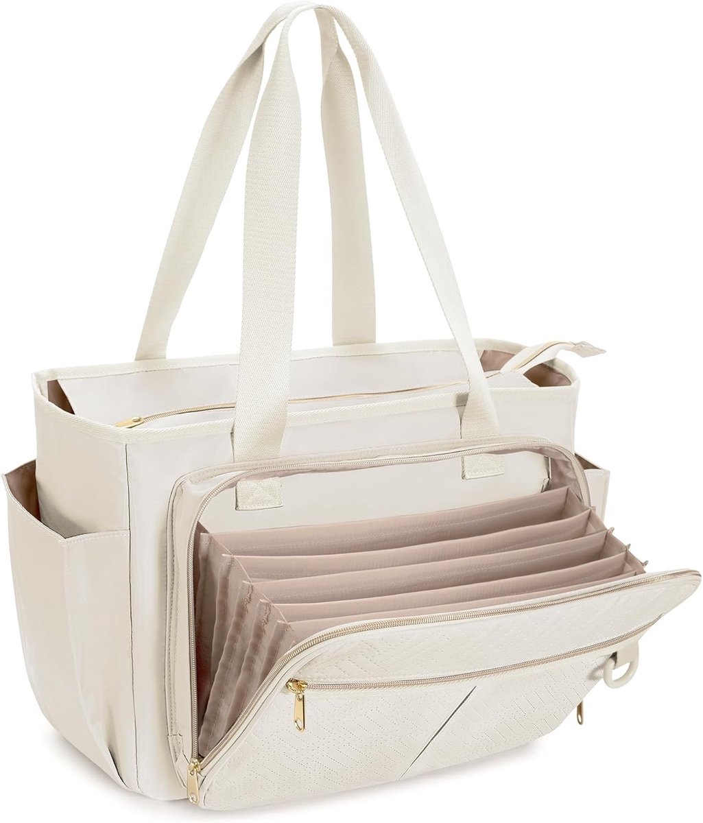 Grote Tote Bag voor Leraren met Accordeon Doos, Ruime Werktas in Beige, Perfect voor School en Kantoor