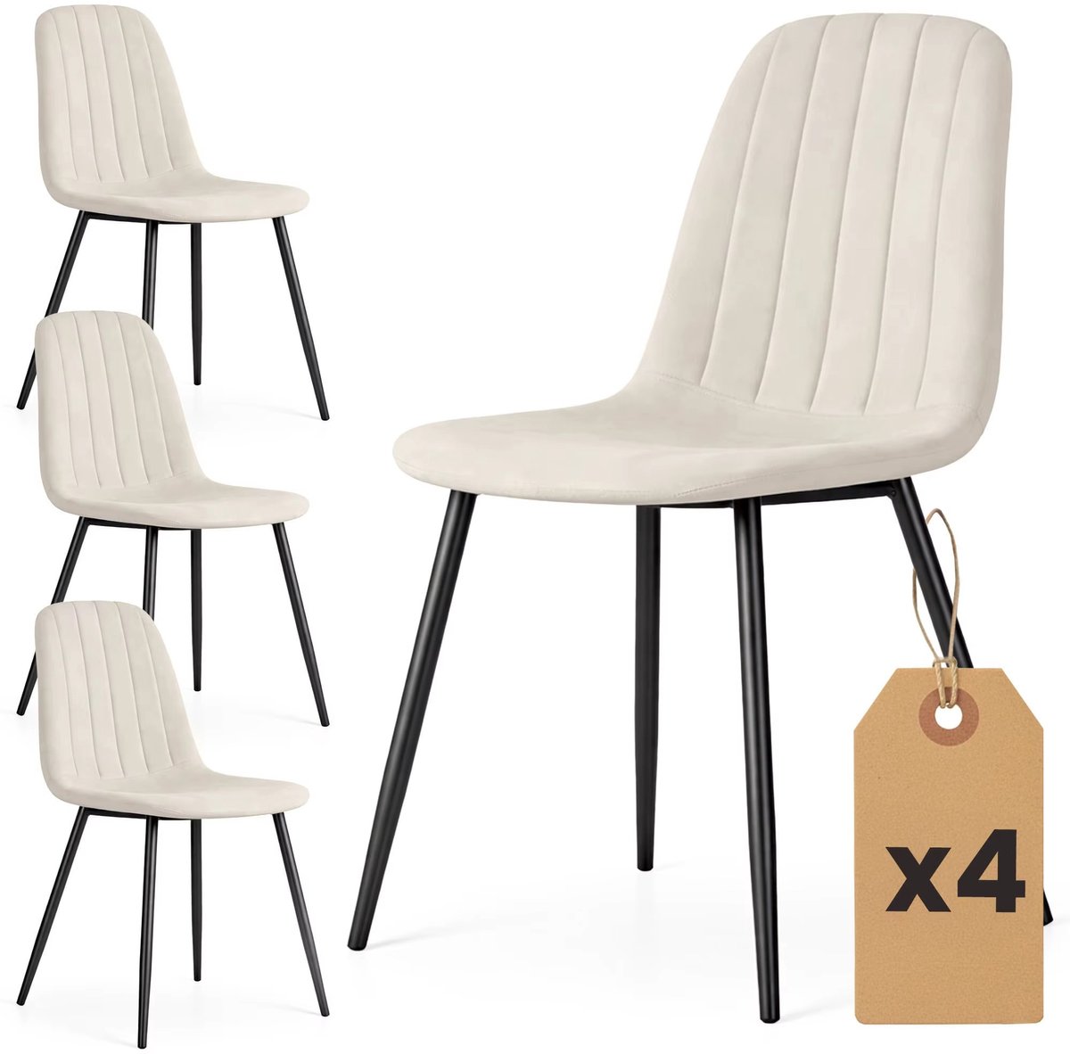 Set van 4 Velours Eetkamerstoelen – Beige Gestoffeerde Stoelen met Gewatteerde Zitting – Moderne Eetkamerstoelen met Zwarte Poten
