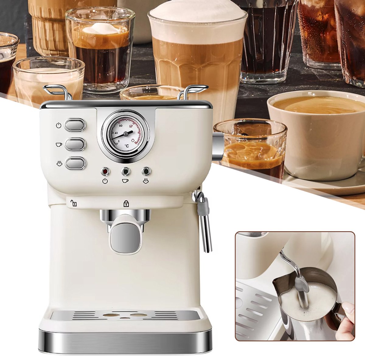 Retro Espressomachine - Koffiezetapparaat - Met Melkschuimer En Stoomdrukregeling - Afneembare Watertank Van 1,5 Liter
