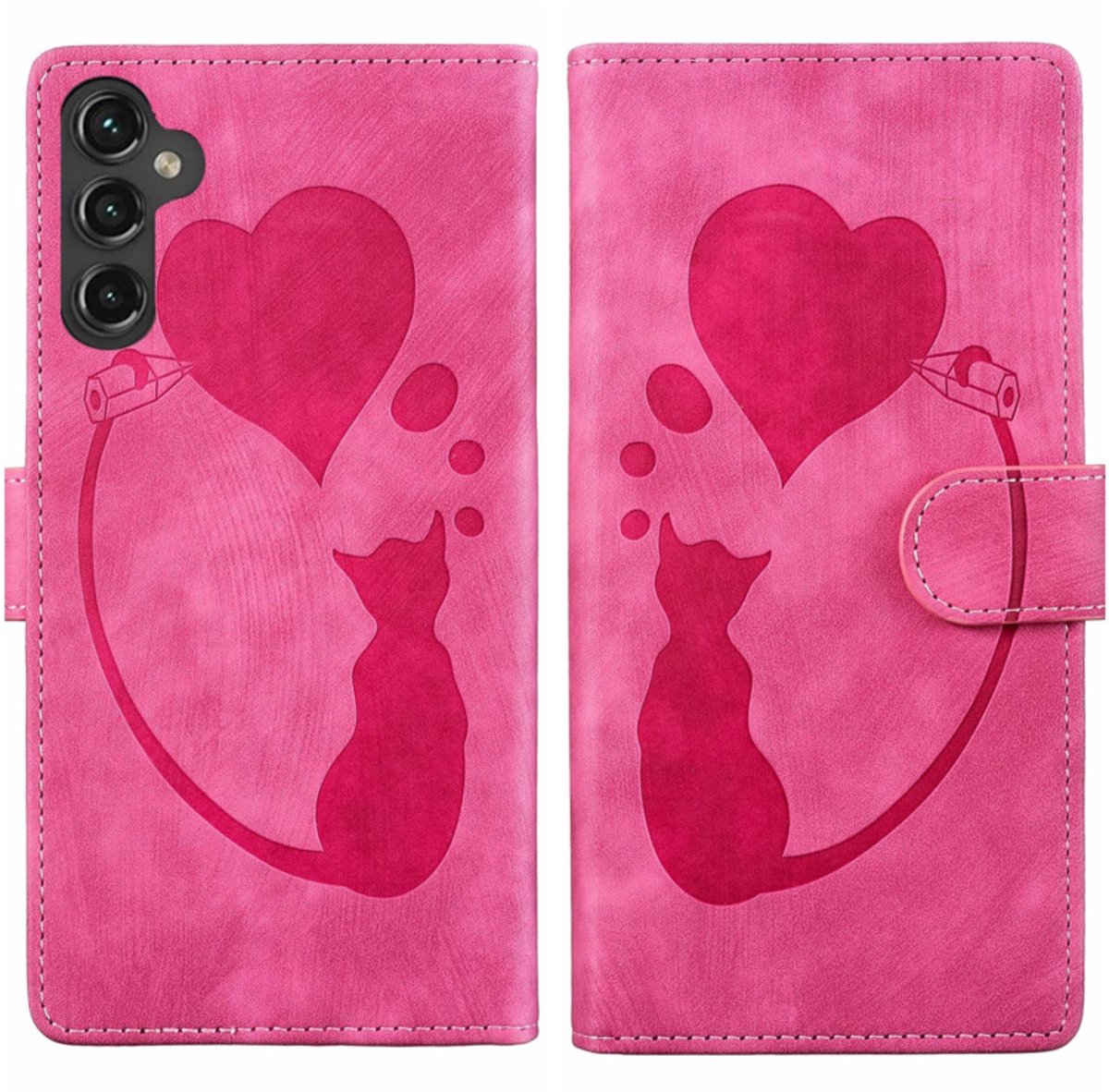BoekCover Hoes Etui geschikt voor Samsung Galaxy A27 - Kat en Hart - Roze - Reliëf