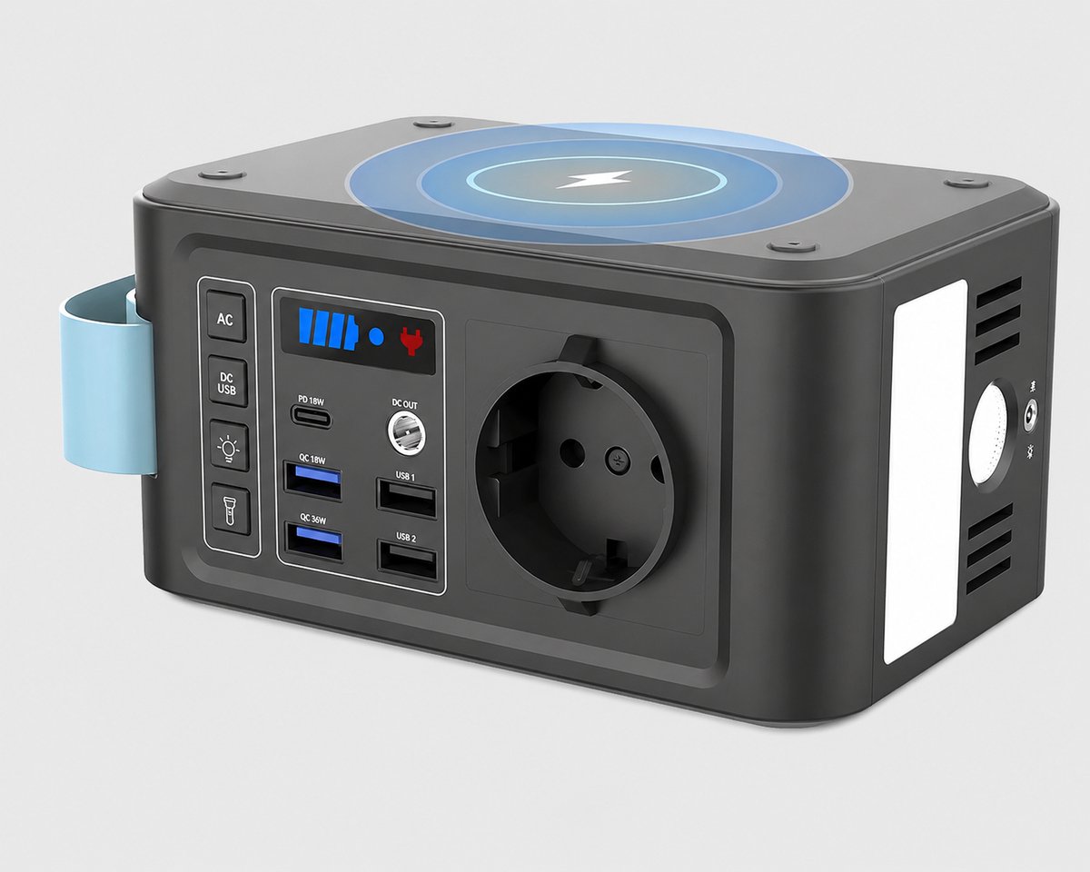 Powerstation 24000mAh met 230V Stopcontact – 80W AC, Draadloos Laden, USB-C, LED Lamp