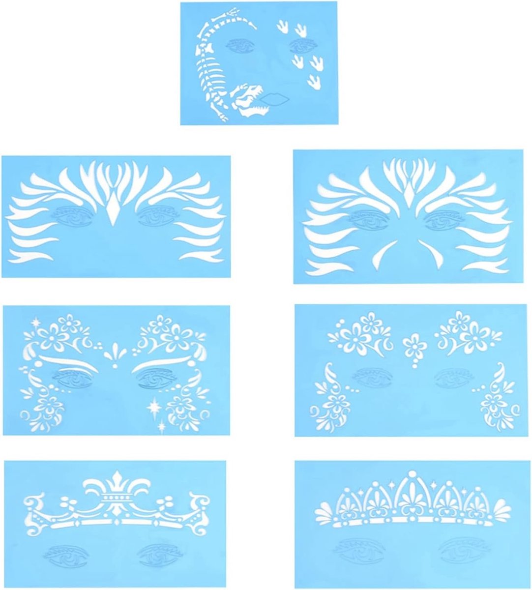 Set van 7 Herbruikbare Stencils voor Gezichtsverf, Make-up en Tattoo Ontwerpen voor Feestjes, Halloween en Carnavals