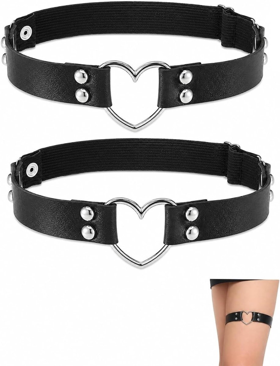 Set van 2 Verstelbare Zwarte Leren Kousenbanden - Dubbele Laag, Antislip, Perfect voor Halloween, Rave, Carnaval en Cosplay Feesten