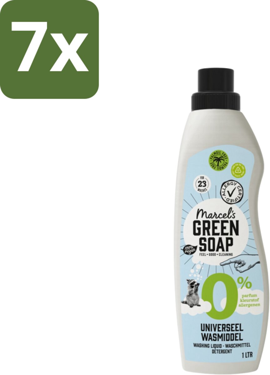 Marcel’s Green Soap – Wasmiddel – Universeel - 0% – Zonder parfum en kleurstof – 1 liter - Bulkverpakking - 7 stuks