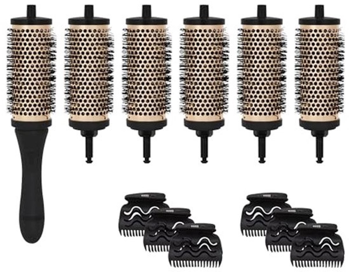 2-in-1 föhnborstel stylingset met 6 afneembare vaten en stijlingclips – voor volume, krullen en gladde look