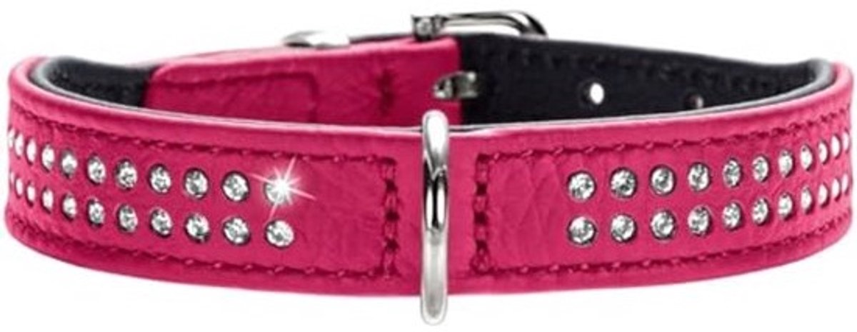 Stijlvolle Hondenhalsband voor Kleine Honden van Echt Leer met Strass-Steentjes - Pink/Black