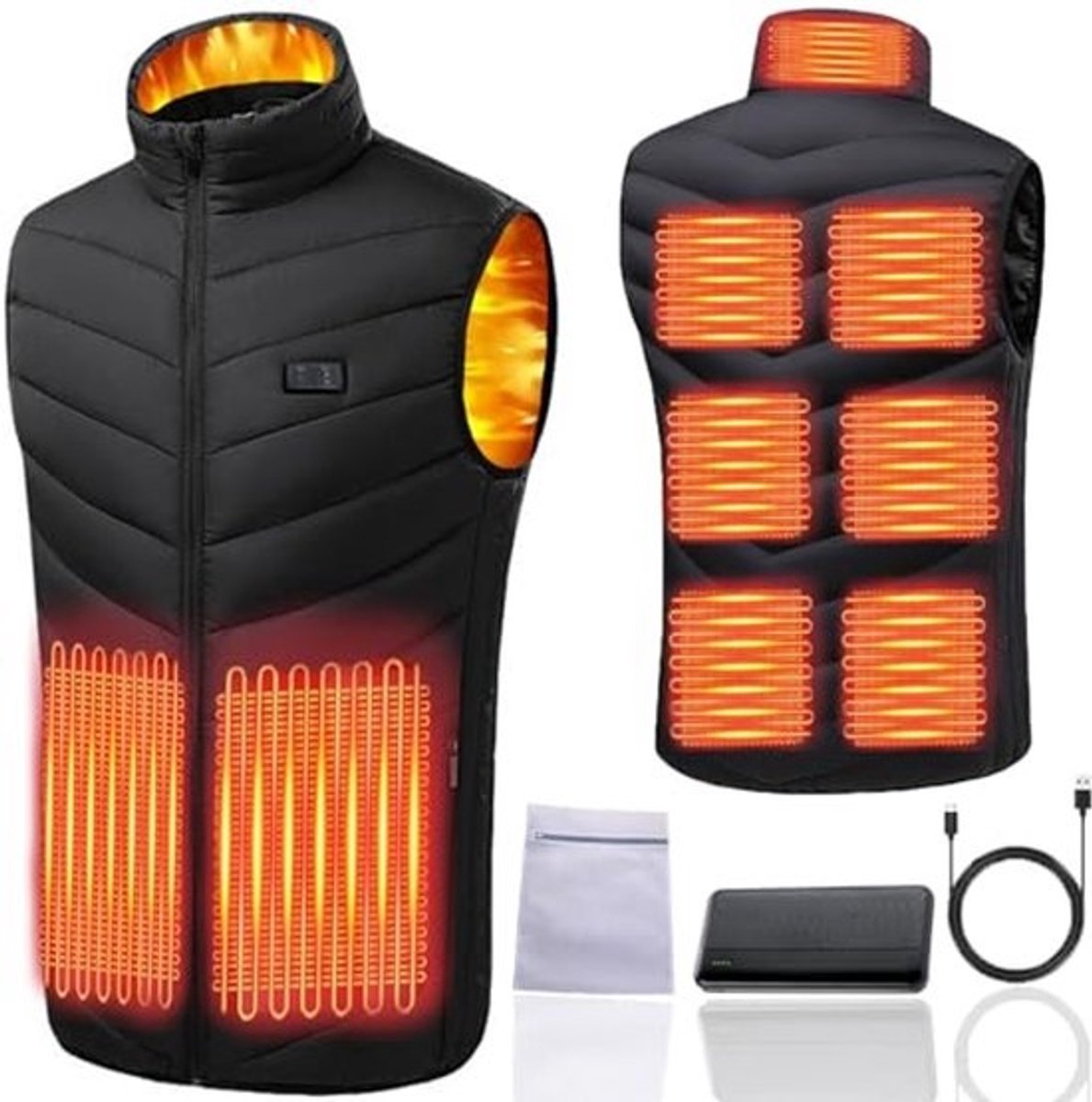 Verwarmd Vest voor Heren en Dames, Elektrisch Verwarmbaar met Powerbank - 9 Verwarmingszones en 3 Temperatuurstanden voor Outdoor-Activiteiten
