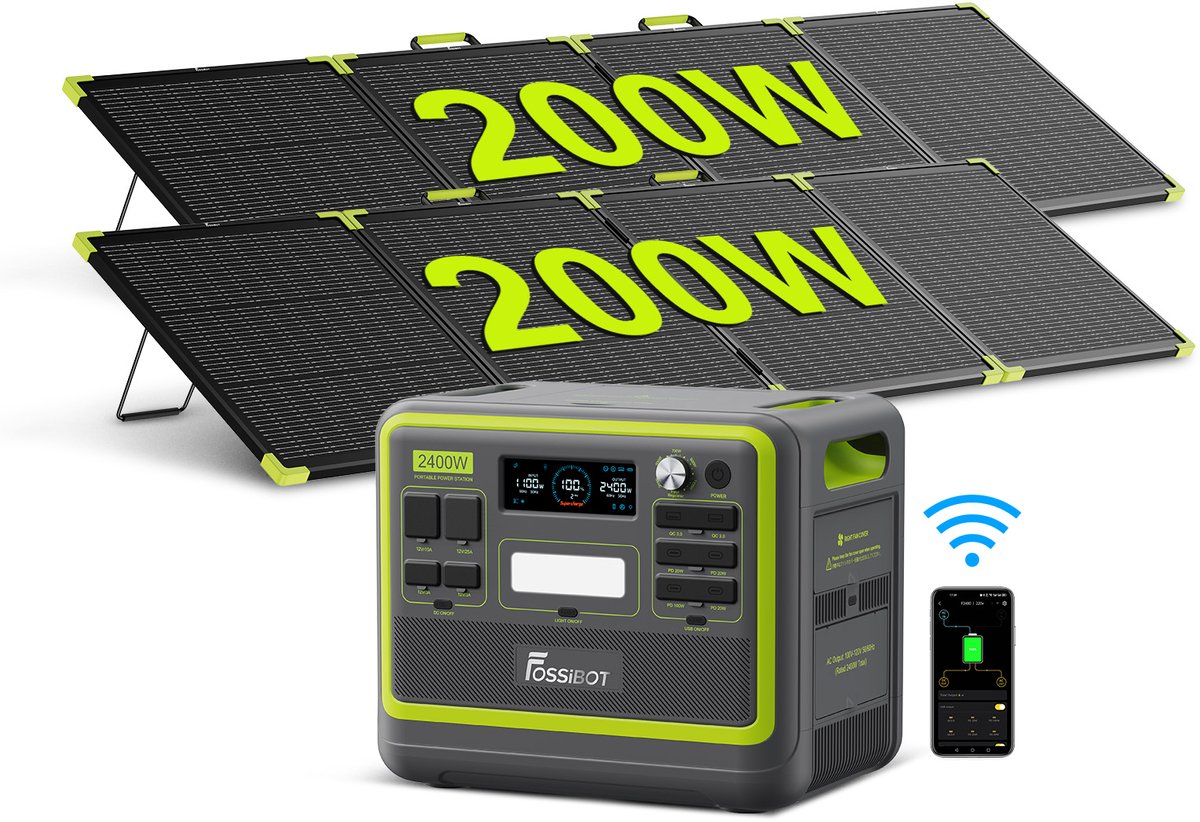 FOSSiBOT F2400 Groen Draagbare Powerstation 2048Wh 2400W continu 4800W piek LiFePO4, incl. 2x SP200PRO zonnepanelen | Snelladen UPS <10ms Noodstroom Camper Kamperen