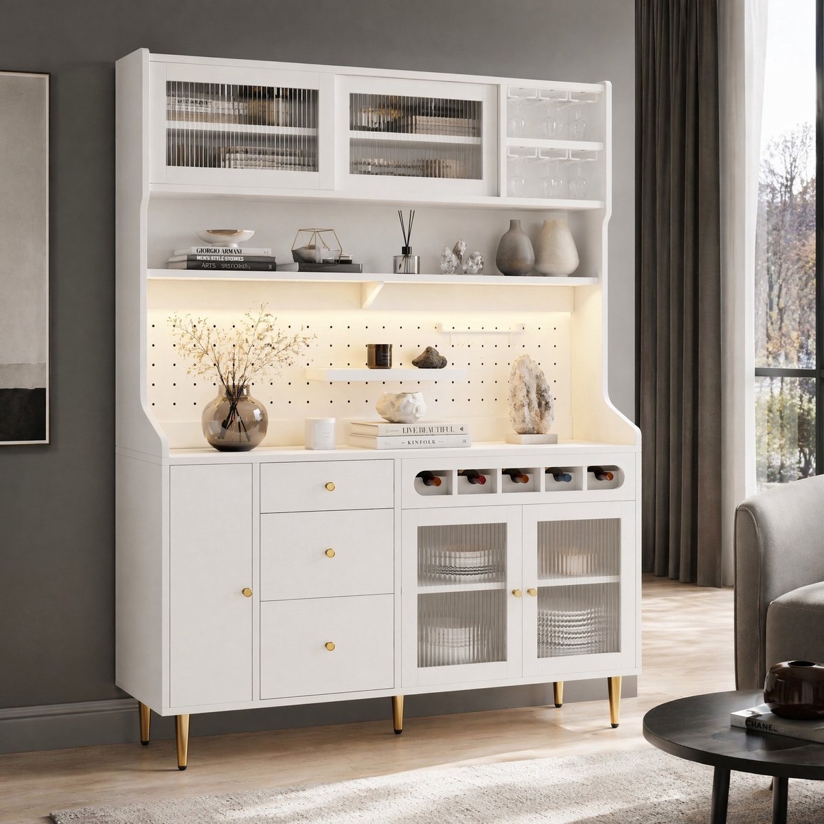 COVREO Buffetkast 145x39x171 cm wit glas, MDF en metaal, met LED en wijnrek