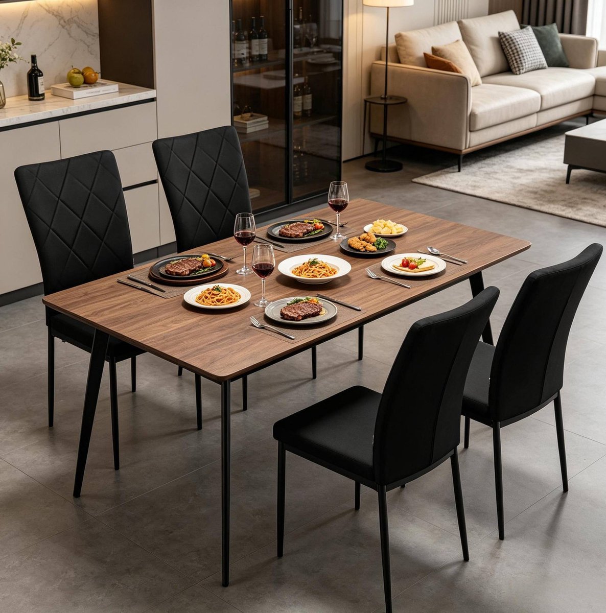 DESMIU Eetkamerstoel Set Van 4 - Gestikt Patroon En Hoog Rugleuning - Voor Eetkamer, Keuken En Woonkamer - Velvet - Zwart