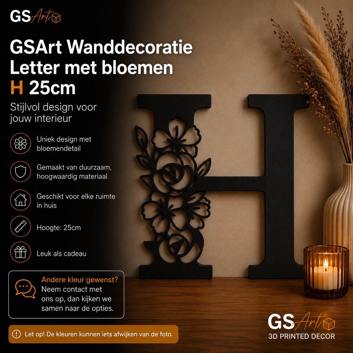 GSArt Wanddecoratie Letter met Bloemen – 25 cm - H