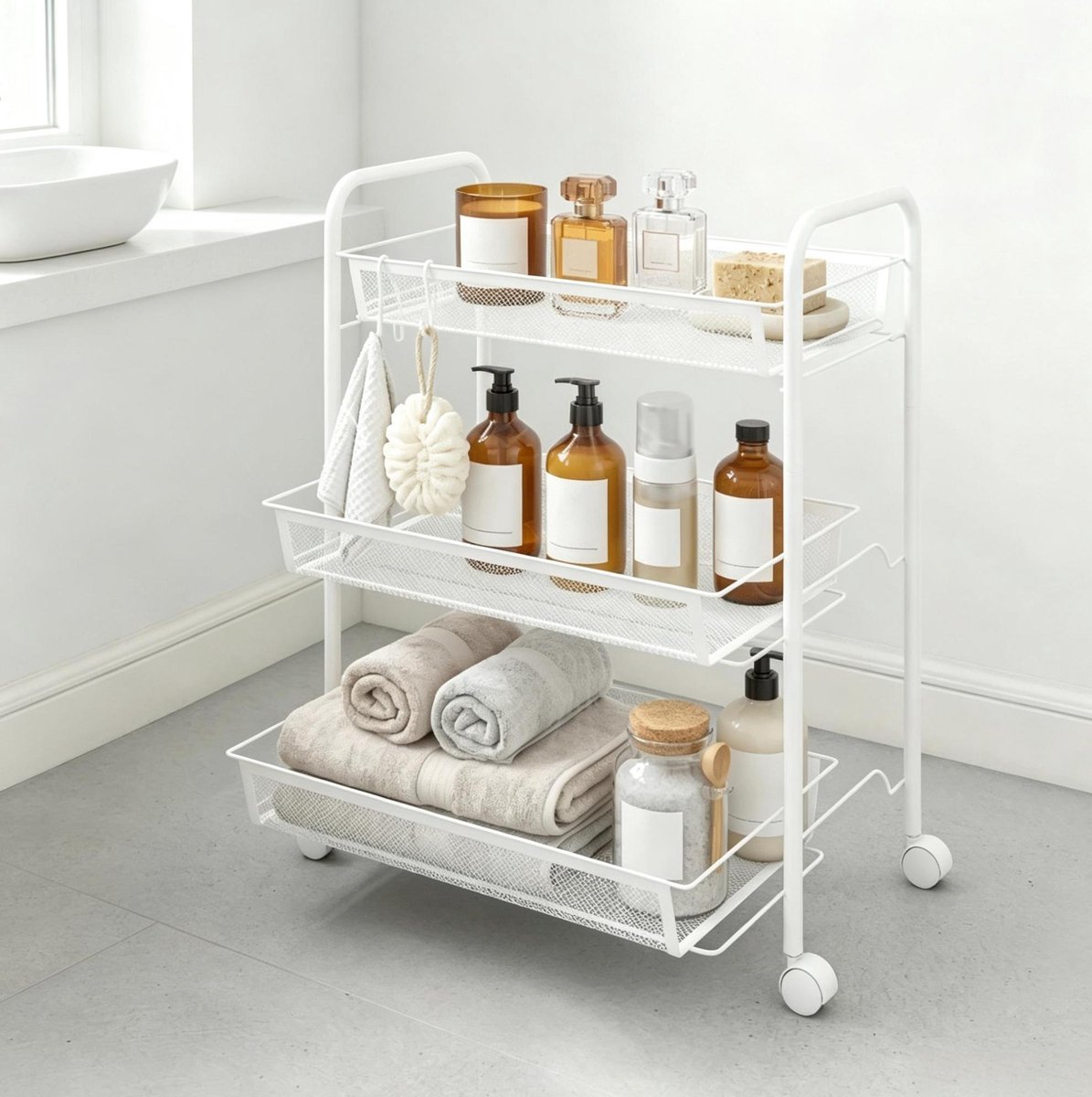 OKWISH Keukentrolley 3-laags - Met Afneembare Metalen Manden, 4 Haken En Zwenkwielen - Voor Keuken, Badkamer En Wonen - Staal - Wit