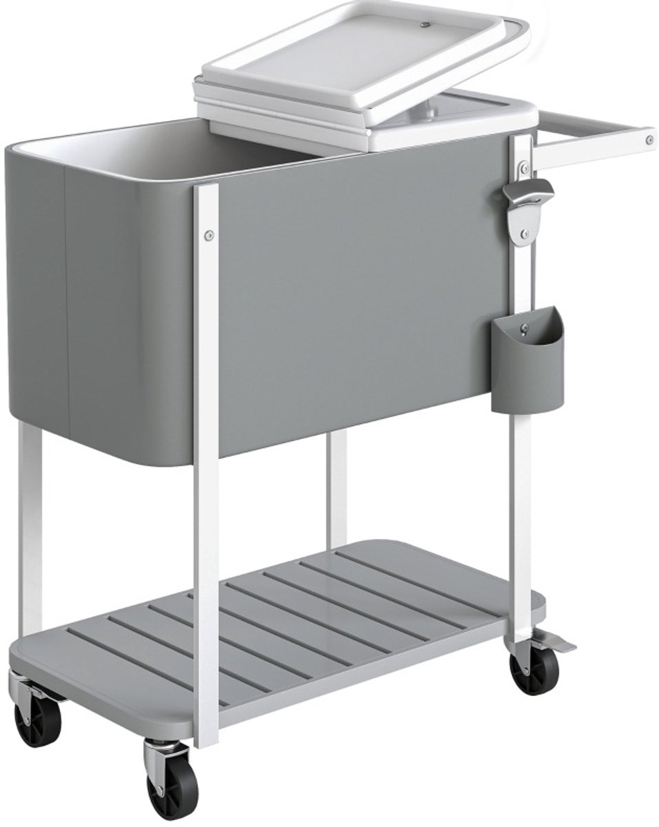 OKWISH Serveerwagen met Koelbox 56L - Mobiele Drankwagen met Wielen, Flessenopener en Onderplank - Voor Tuinfeest en Poolparty - Kunststof - Grijs
