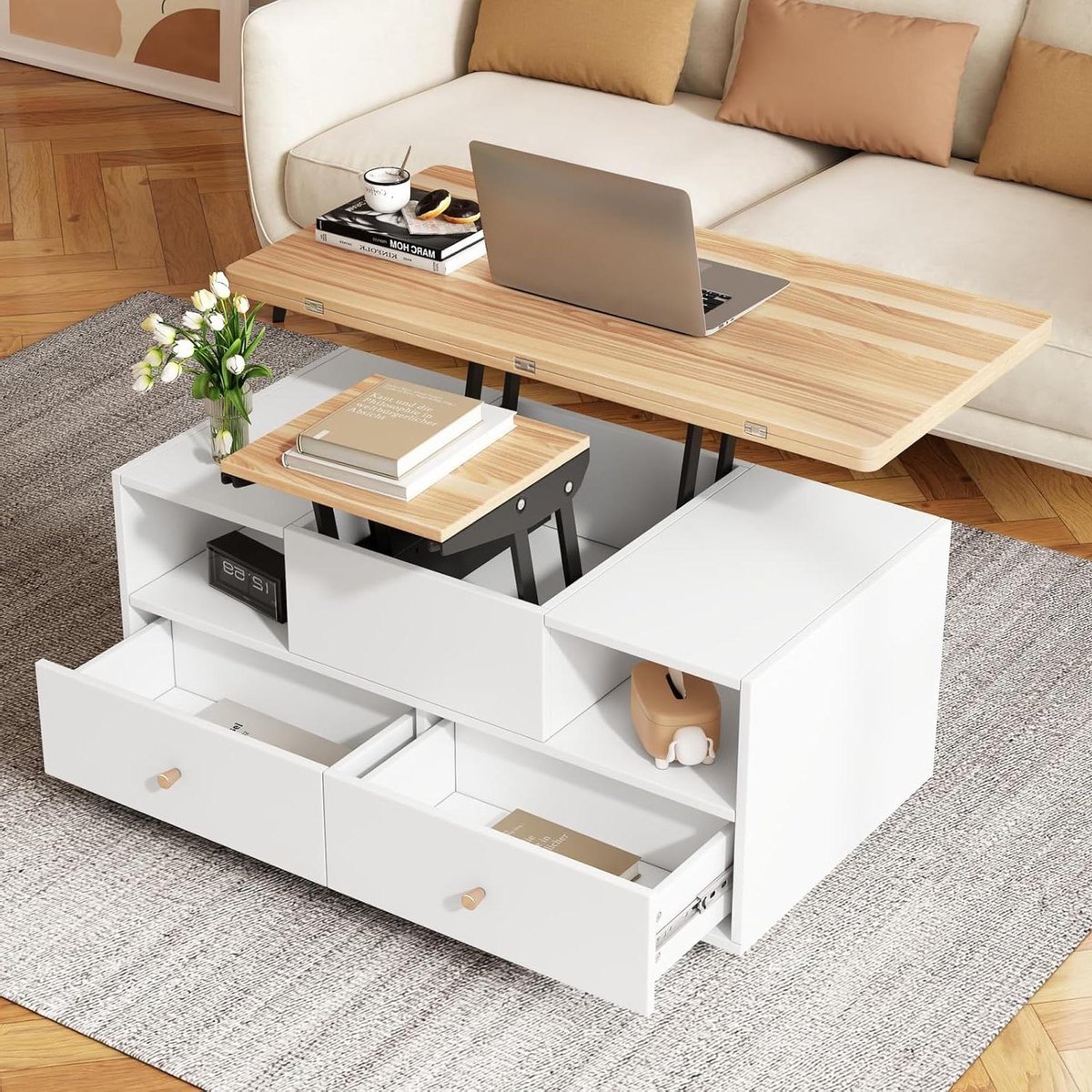 Salontafel met laden - Koffietafel - Woonkamer organiseren - Verstelbaar tafelblad - 100x50x62 cm - Houtkleur wit
