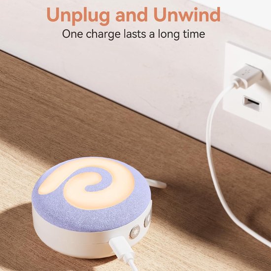 Verte White Noise Machine - D11 Draagbaar Slaaphulpmiddel Voor Baby’s Met Nachtlampje - Witte Ruis En 11 Rustgevende Geluiden Voor Tijdens Het Slapen En Op Reis - Via USB Oplaadbaar - Kinderveilig (Paars) van Verte — afbeelding 4