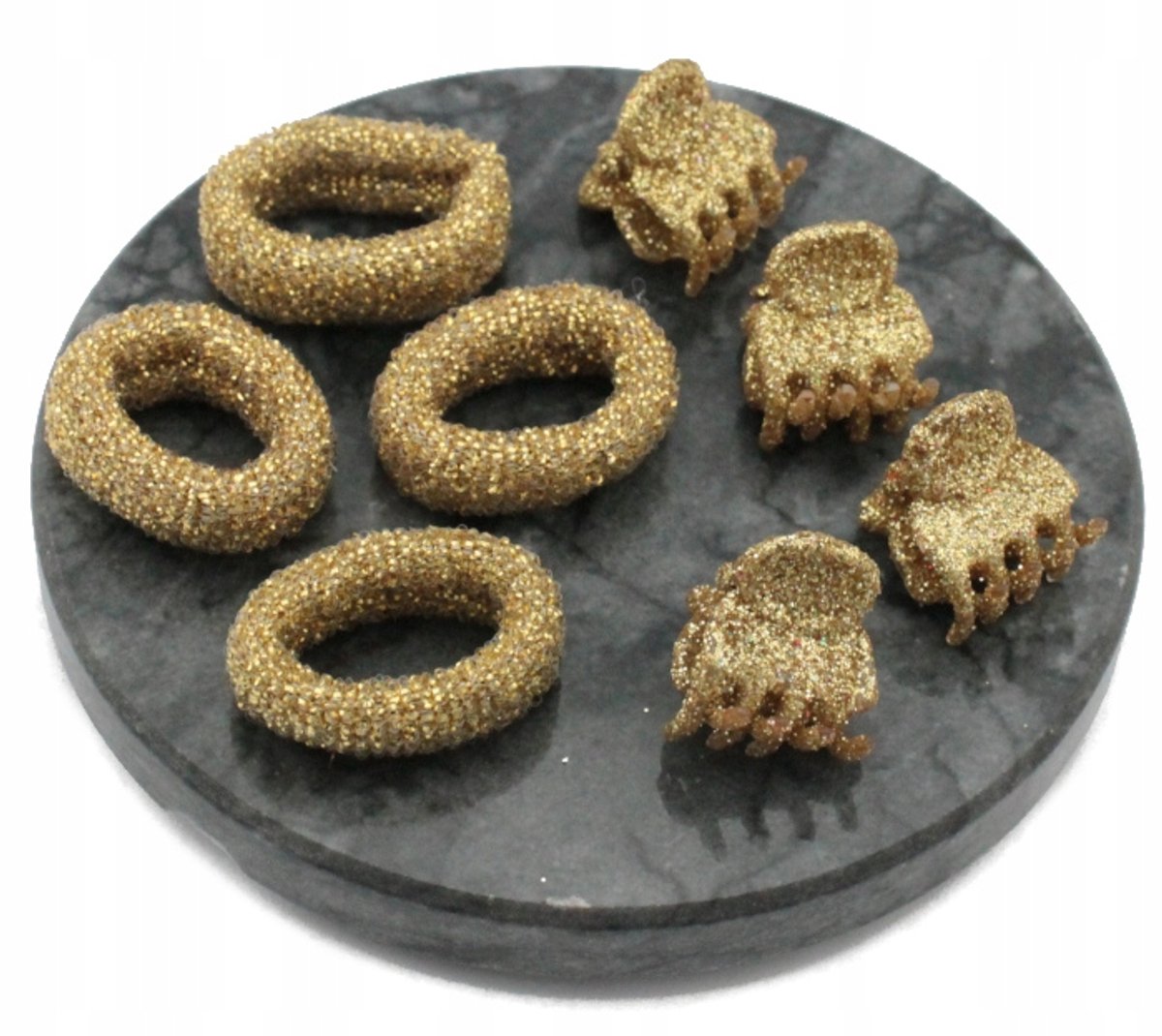 8x Haar elastiekjes en clips met gouden glitter