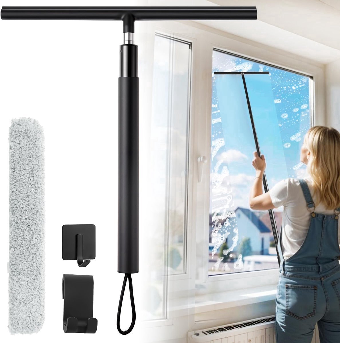 casalora - Vloerwisser - Vloertrekker - Douchetrekker - Vloerwisser badkamer - Trekker met Steel - Douche met telescoopsteel, doekhoes, houder, flexibele waterschuiver - Vloertrekker met Steel Telescopisch 33-146 cm - Breedte 32cm