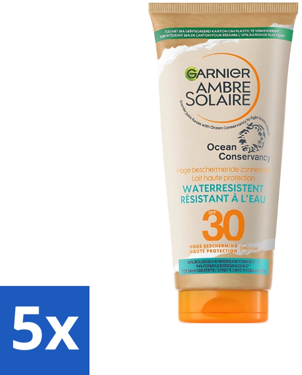 5 x Garnier - Ambre Solaire - Waterresistente Beschermende Zonnebrandmelk - SPF 30 - 175 ml - Zonbescherming - Zonnebrandmelk - SPF 30 - Waterresistent - Huidbescherming