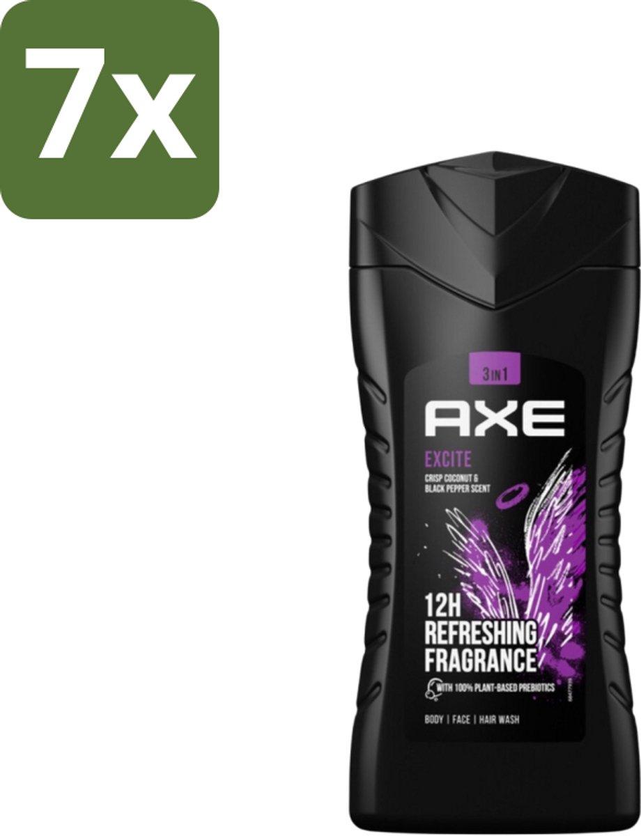 7 x Axe - 3-in-1 Douchegel - Excite - Douchegel - Crisp Coconut & Black pepper - 100% Plantaardig - 250 ml - Douchegel - Prebiotica - Kokosnoot - Zwarte Peper - Huid Verzorging