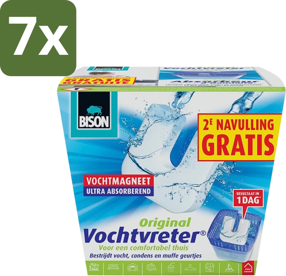 7 x Bison - Vochtvreter - Neutraal - Voor Woonruimtes, Campers & Caravans - 900 g + 2 Extra Navulmagneten - Vochtbestrijding - Vochtvanger - Vochtverwijdering - Condensbestrijding - Schimmelbestrijding