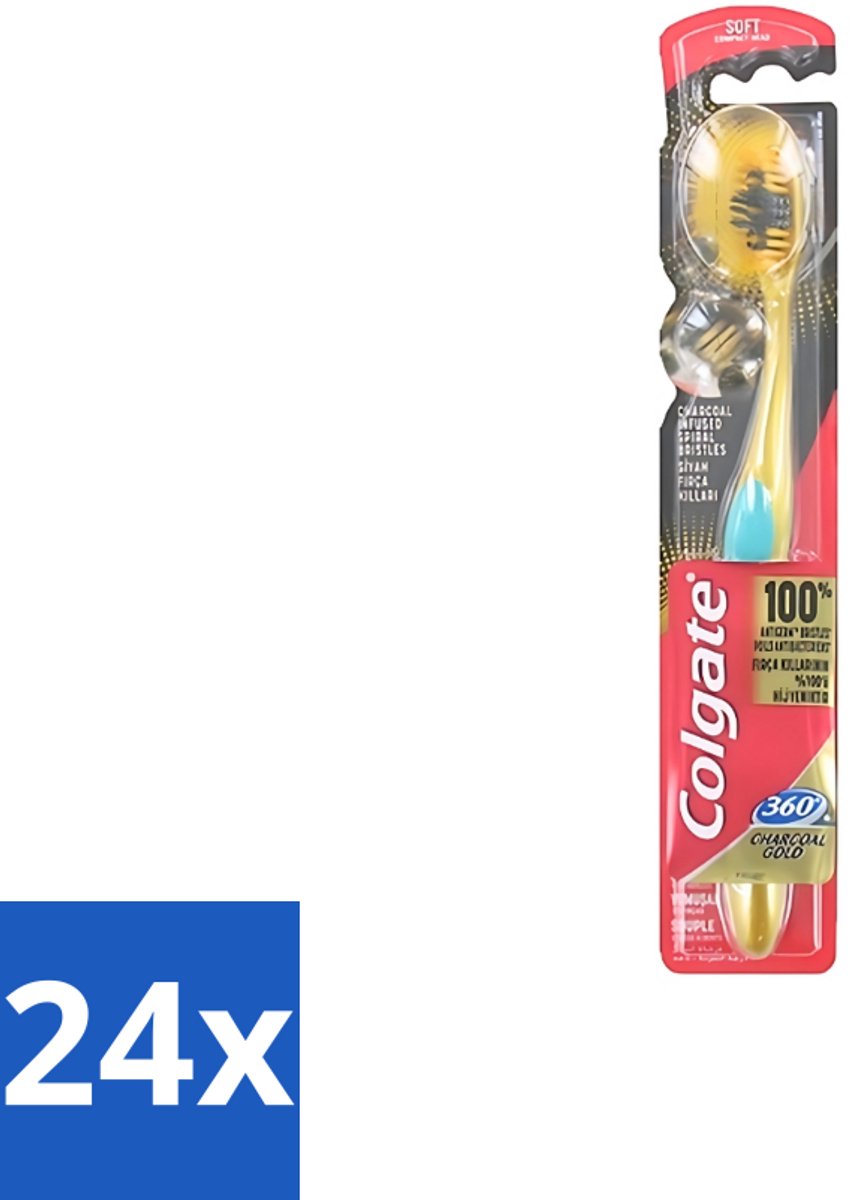 24 x Colgate - Tandenborstel - 360 Charcoal Gold Soft - Zwart/Goud - 1 Tandenborstel - Tandenborstel - Houtskool - Tanden Reinigen - Tanden Witter Maken - Tandenborstel Houtskool