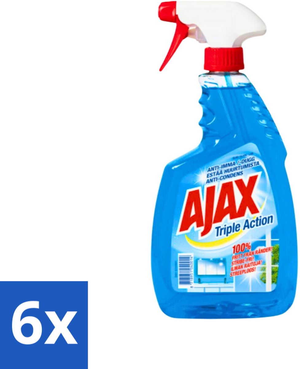 6 x Ajax - Glasreiniger Spray - Triple Action - Streeploos Schoon - Anti-Condens - 750 ml - Glas Reinigen - Ramen Reinigen - Glas Reiniger - Schrobben Vrij - Na Spoelen Vrij