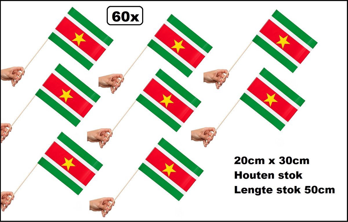 60 stuks Luxe Zwaaivlaggetjes op stok Suriname 20cm x 30cm - lengte stok 50cm - Zwaai vlaggetjes thema feest voetbal festival uitdeel
