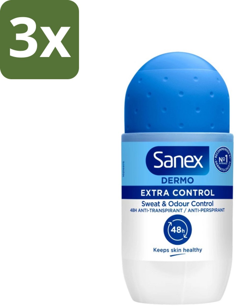 3 x Sanex - Deodorant - Roller - Dermo Extra Control - Extra Bescherming tegen Geur - 50 ml - Sanex Dermo Extra Control - Anti-transpirant Roller - Langdurige Bescherming - Bescherming Tegen Geur - Aluminiumchloride
