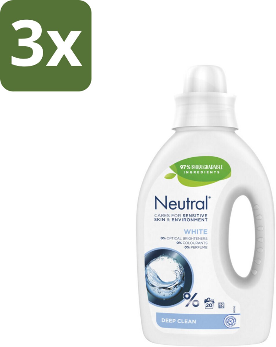 3 x Neutral Vloeibaar Wasmiddel Wit 20 Wasbeurten 1 liter - Gevoelige Huid - Wasmiddel - Wasmachine - Wasmiddel Voor Gevoelige Huid - Parfumvrij