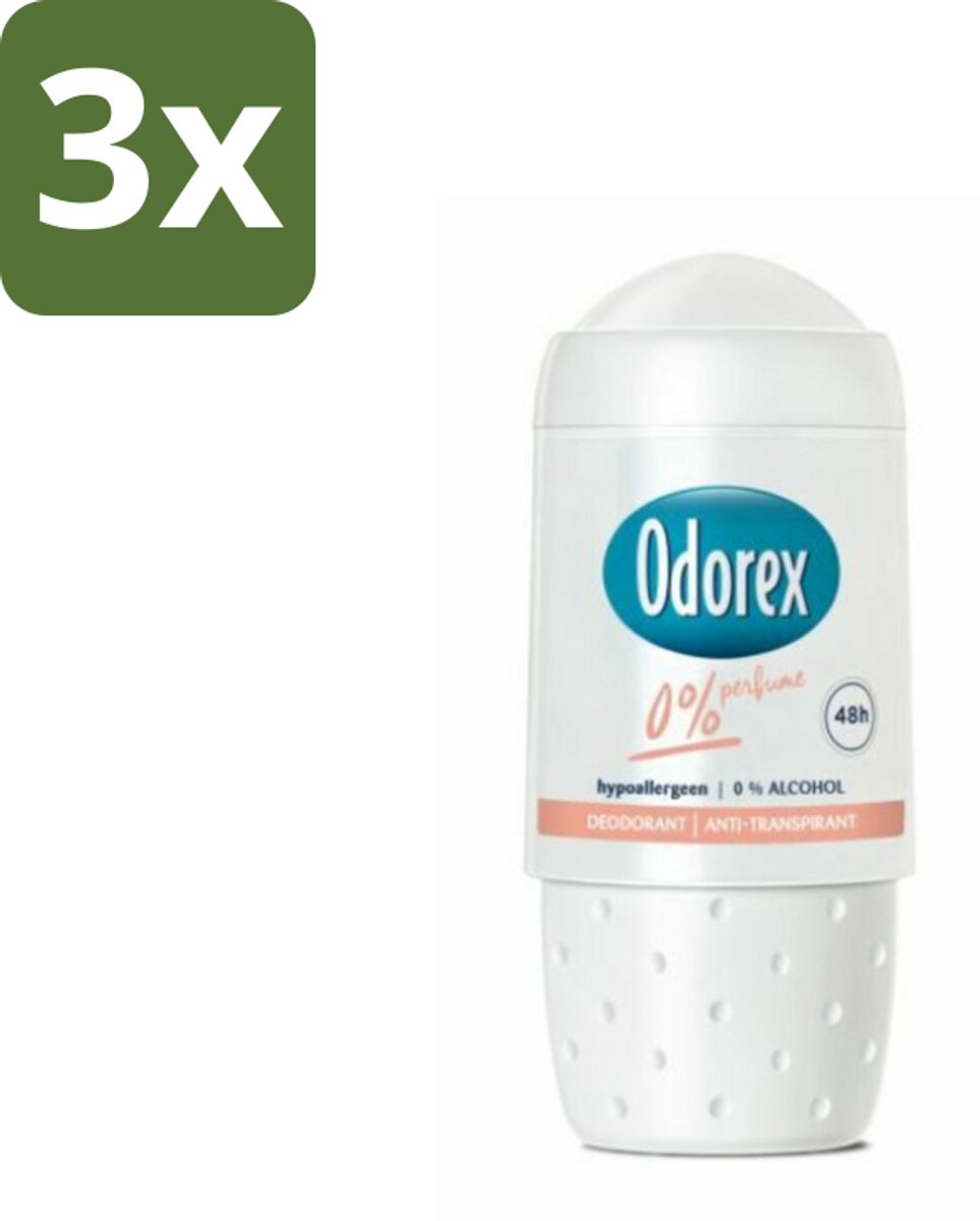 3 x Odorex Deodorant Roller 0% 50 ml - 0% Parfum - 0% Alcohol - Hypoallergenisch - Gevoelige Huid - Deodorant Roller