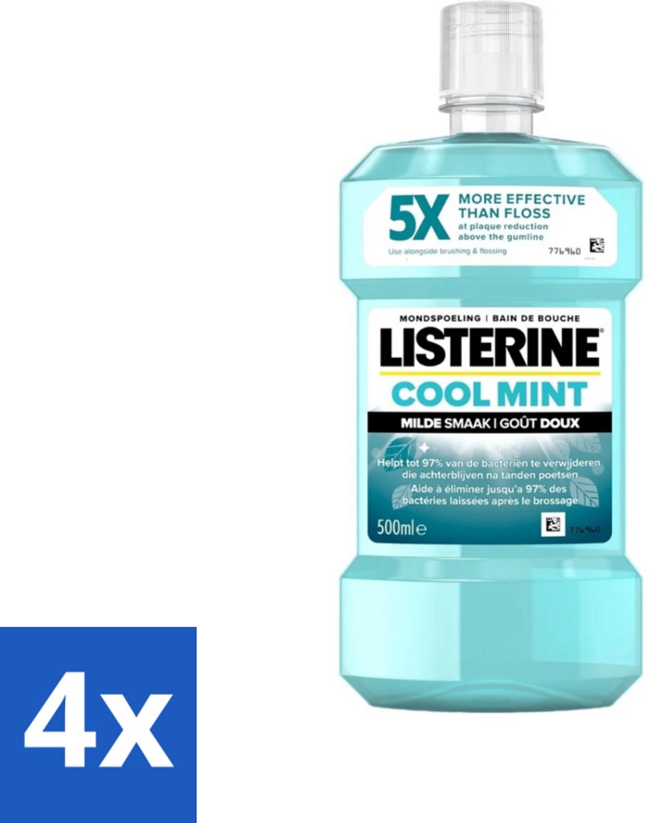 4 x Listerine - Mondwater - Cool Mint - Milde Smaak - 500 ml - Mondspoeling - Mondwater - Tandplak - Tandvlees - Mondhygiëne