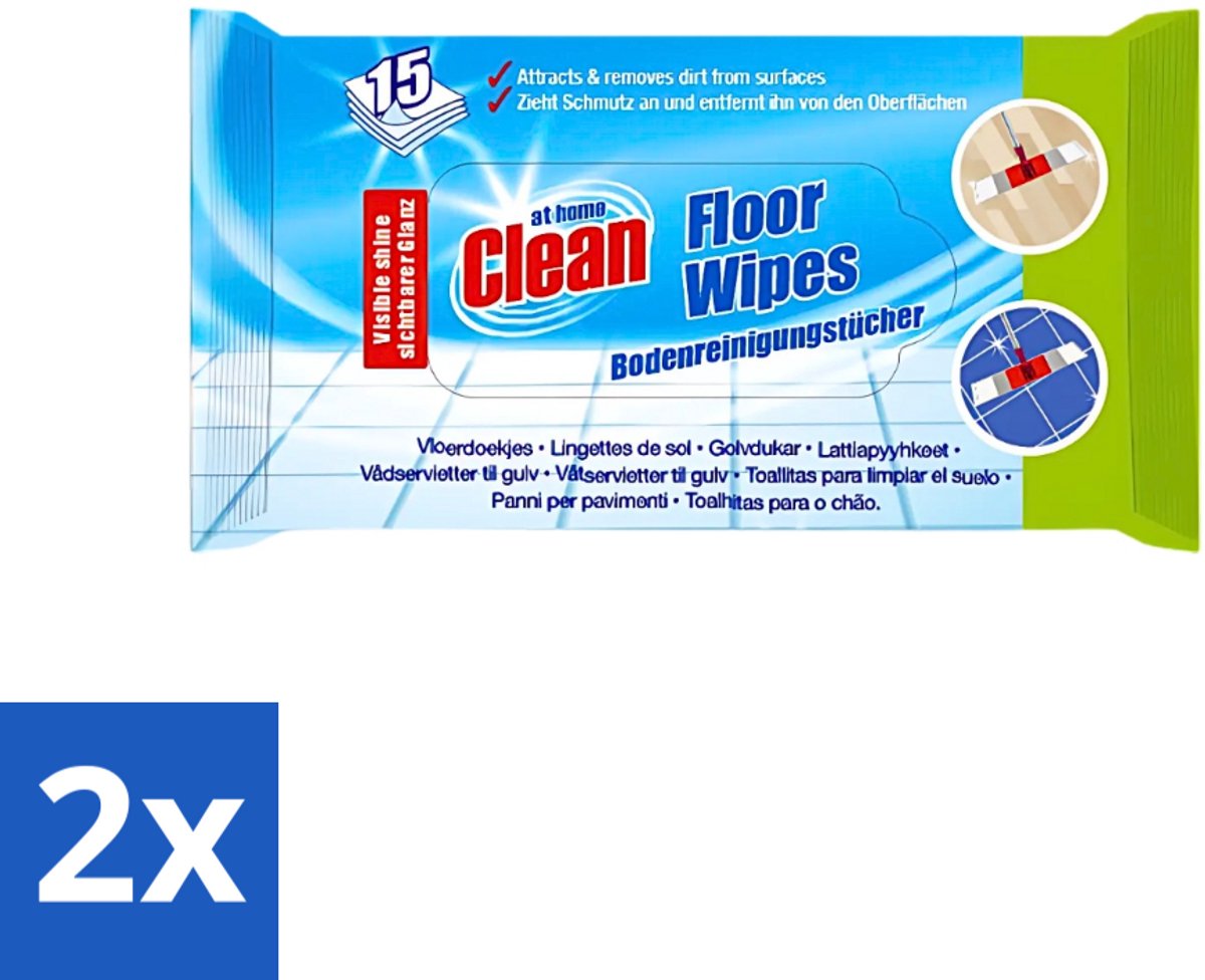 2 x At Home - Clean - Vloer Reinigingsdoekjes - Reinigt Effectief - 15 Doekjes - Vloer Reinigen - Reinigingsdoek - Vloer Doek - Glans Vloer - Schoonmaken Vloer