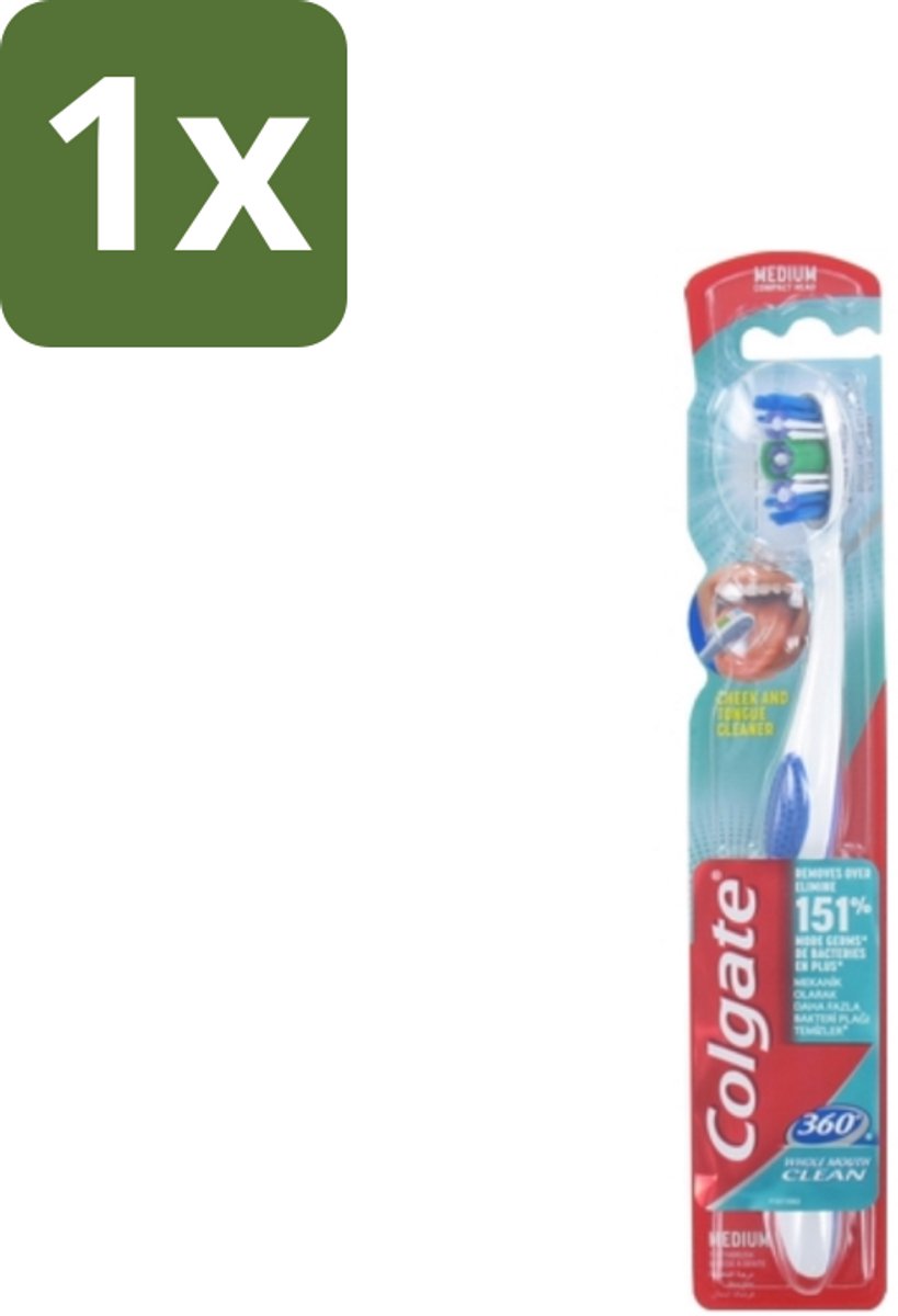 1 x Colgate - Tandenborstel - 360 Whole Mouth Clean Medium - Wit/Blauw - 1 Tandenborstel - Tandenborstel - Mondhygiëne - Tandenpoetsen - Bacteriën - Tandplak
