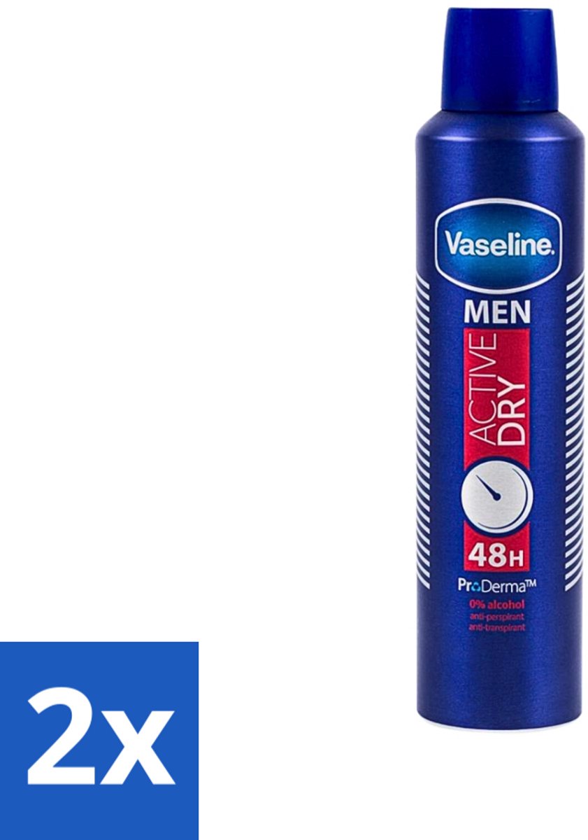 2 x Vaseline - Men Active Dry - Deospray - Anti-Transpirant - 250 ml - Anti-transpirant - Zweetbeheer - Mannelijke Deodorant - Frisheid - Droge Oksels