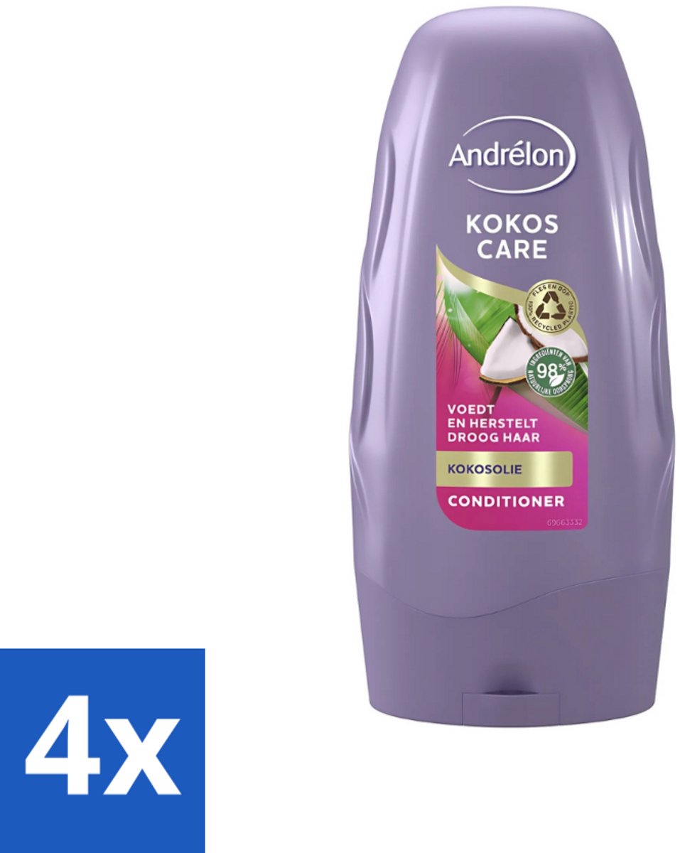 4 x Andrélon - Kokos Care - Conditioner - Diepe Hydratatie - 250 ml - Droog Haar - Herstel Haar - Kokosolie - Kokosmelk - Hydratatie
