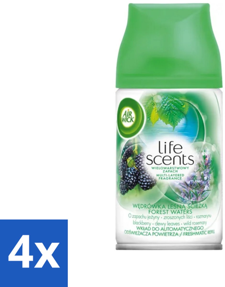 4 x Air Wick - Life Scents - Luchtverfrisser Navulling - Boswateren - Automatische Spray - 250 ml - Boswateren - Natuurlijke Geur - Geurverspreiding - Automatische Spray - Frisse Geur