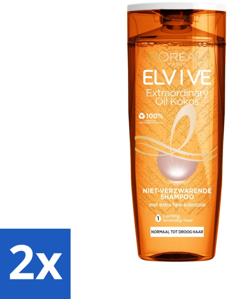 2 x L'Oréal Paris Elvive - Shampoo - Extraordinary Oil - Kokosolie - Voor Droog Haar - 250 ml - Droog Haar - Kokosolie Shampoo - Fijne Kokosolie - Siliconenvrije Shampoo - Voedend Shampoo