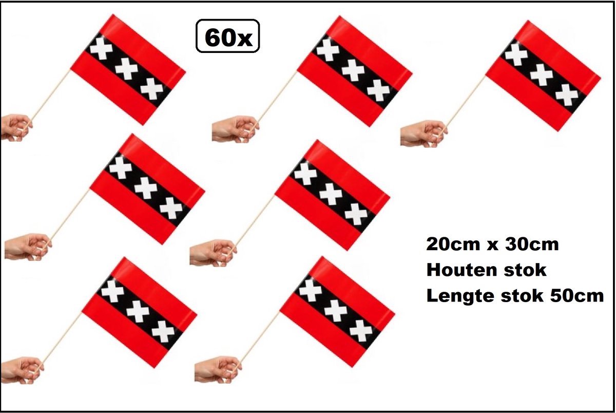 60 stuks Luxe Zwaaivlaggetjes op stok Amsterdam 20cm x 30cm - lengte stok 50cm - Zwaai vlaggetjes thema feest voetbal festival hoofdstad 020